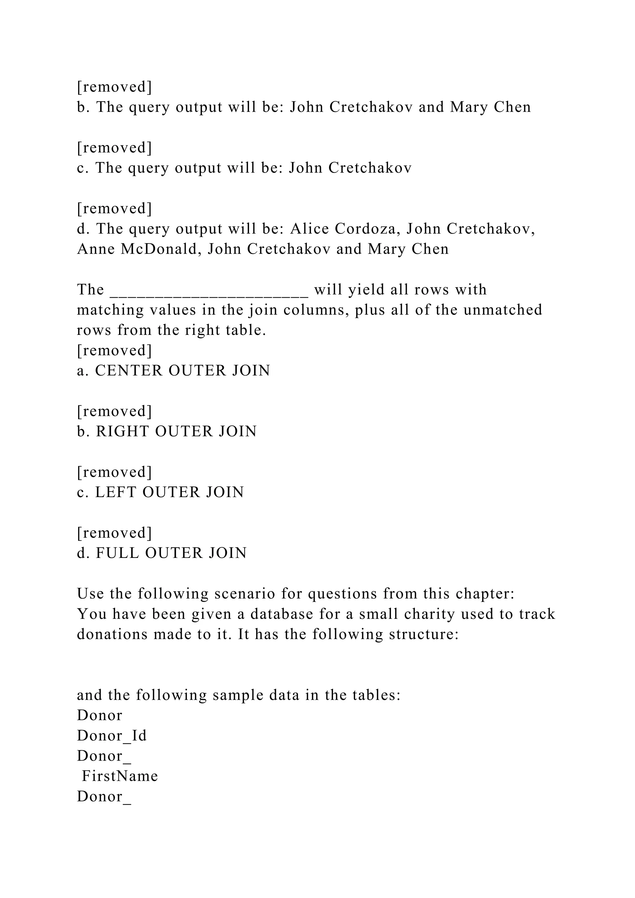 [removed]
b. The query output will be: John Cretchakov and Mary Chen
[removed]
c. The query output will be: John Cretchakov
[removed]
d. The query output will be: Alice Cordoza, John Cretchakov,
Anne McDonald, John Cretchakov and Mary Chen
The ______________________ will yield all rows with
matching values in the join columns, plus all of the unmatched
rows from the right table.
[removed]
a. CENTER OUTER JOIN
[removed]
b. RIGHT OUTER JOIN
[removed]
c. LEFT OUTER JOIN
[removed]
d. FULL OUTER JOIN
Use the following scenario for questions from this chapter:
You have been given a database for a small charity used to track
donations made to it. It has the following structure:
and the following sample data in the tables:
Donor
Donor_Id
Donor_
FirstName
Donor_
 