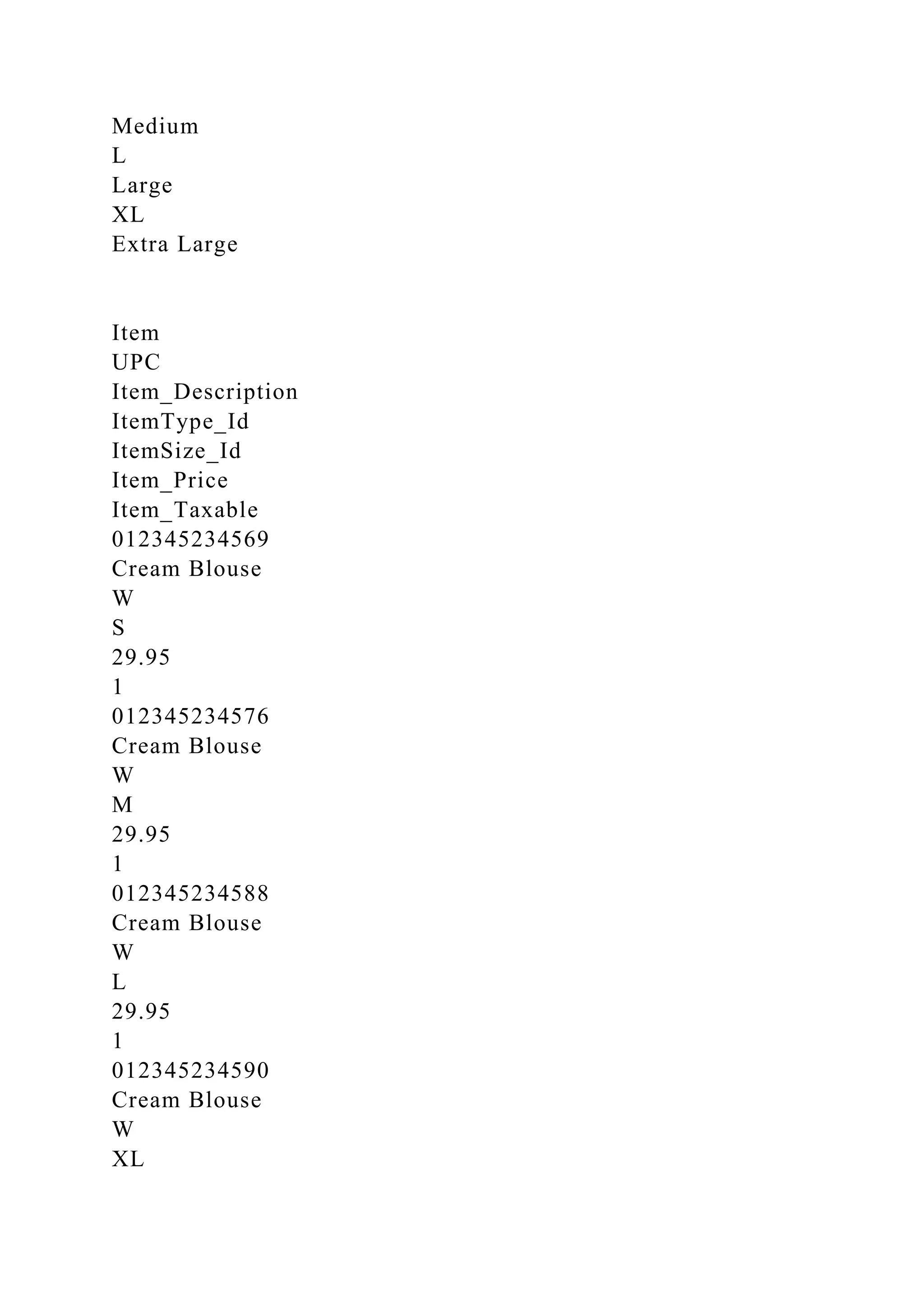 Medium
L
Large
XL
Extra Large
Item
UPC
Item_Description
ItemType_Id
ItemSize_Id
Item_Price
Item_Taxable
012345234569
Cream Blouse
W
S
29.95
1
012345234576
Cream Blouse
W
M
29.95
1
012345234588
Cream Blouse
W
L
29.95
1
012345234590
Cream Blouse
W
XL
 