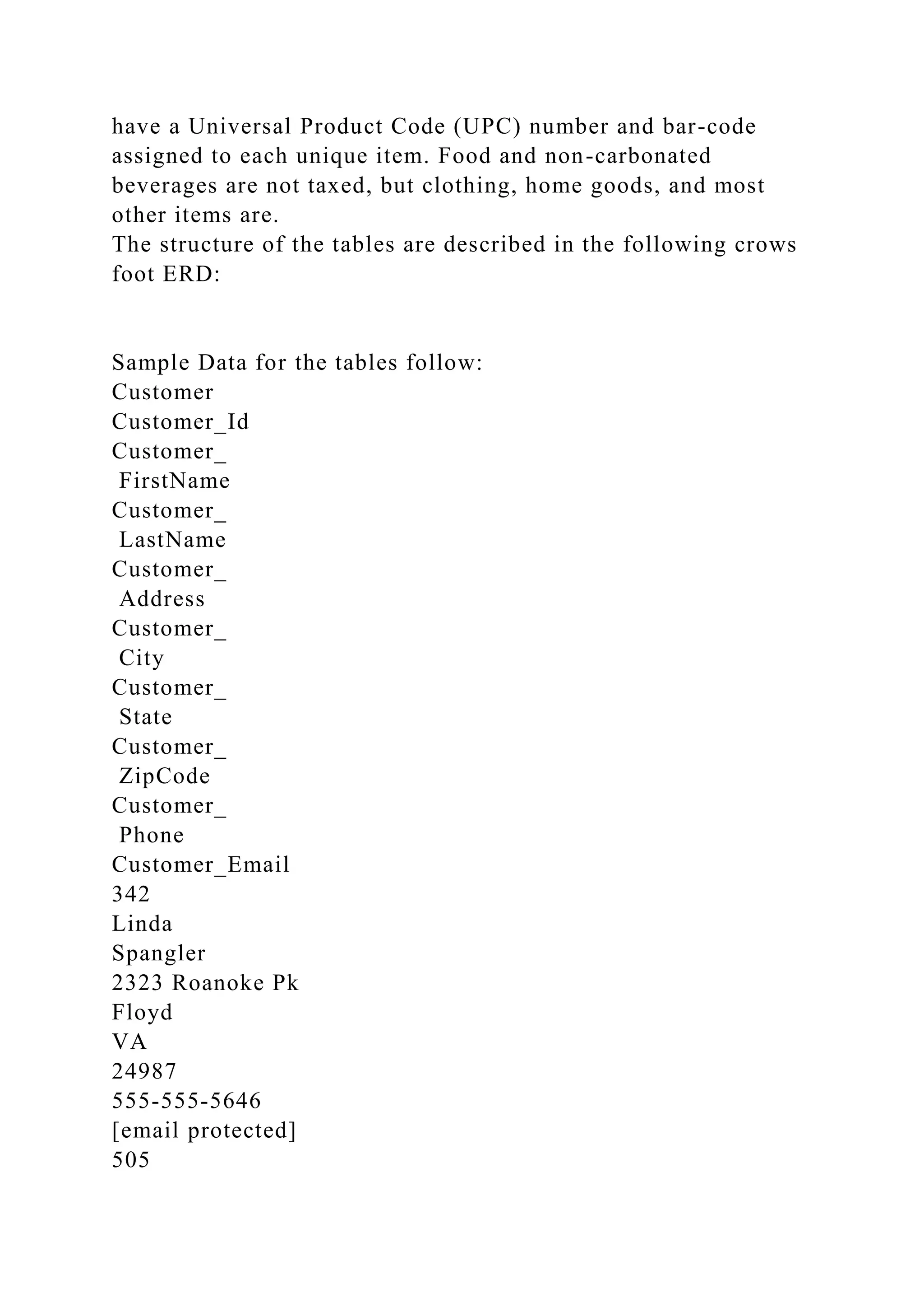 have a Universal Product Code (UPC) number and bar-code
assigned to each unique item. Food and non-carbonated
beverages are not taxed, but clothing, home goods, and most
other items are.
The structure of the tables are described in the following crows
foot ERD:
Sample Data for the tables follow:
Customer
Customer_Id
Customer_
FirstName
Customer_
LastName
Customer_
Address
Customer_
City
Customer_
State
Customer_
ZipCode
Customer_
Phone
Customer_Email
342
Linda
Spangler
2323 Roanoke Pk
Floyd
VA
24987
555-555-5646
[email protected]
505
 