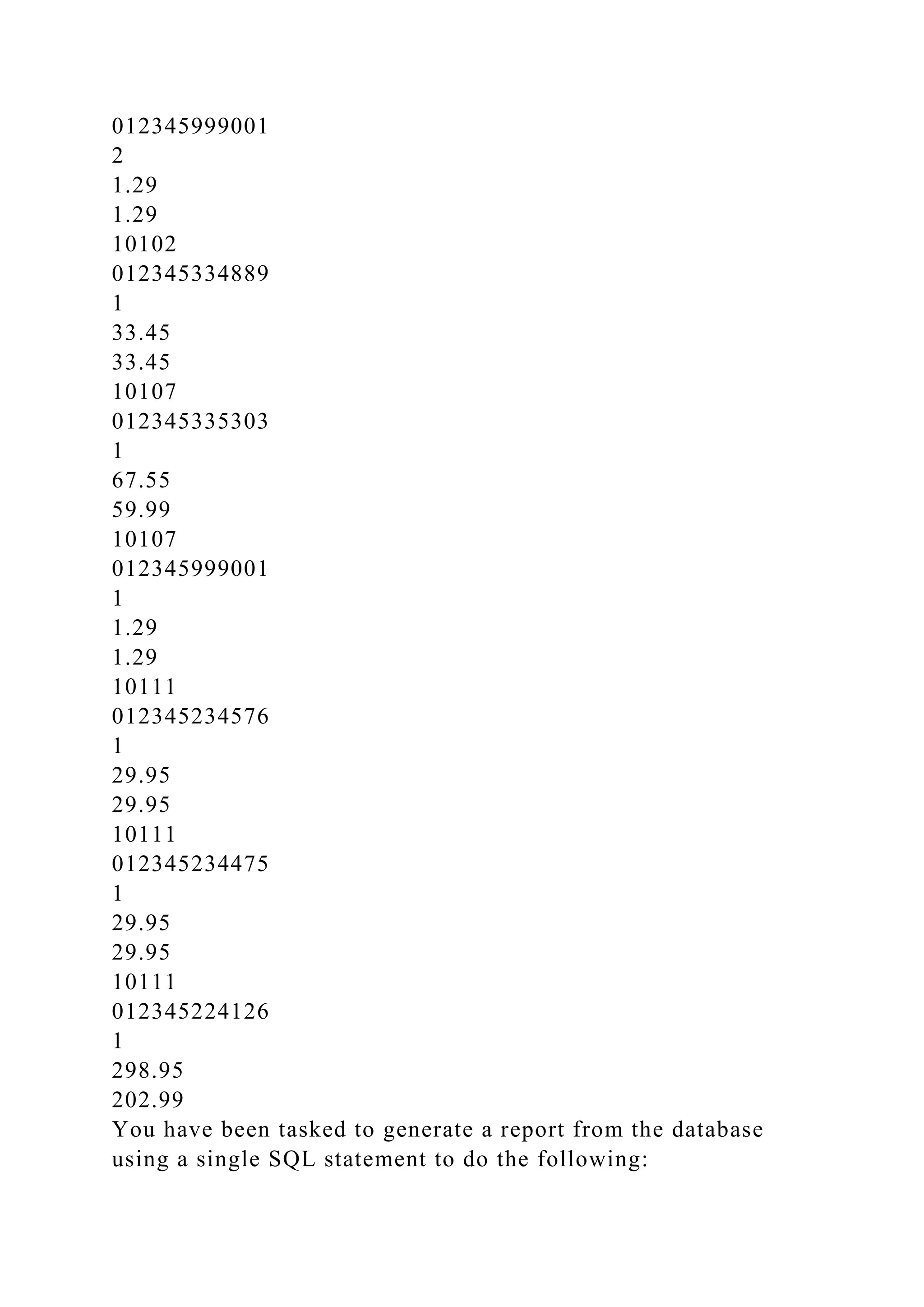 012345999001
2
1.29
1.29
10102
012345334889
1
33.45
33.45
10107
012345335303
1
67.55
59.99
10107
012345999001
1
1.29
1.29
10111
012345234576
1
29.95
29.95
10111
012345234475
1
29.95
29.95
10111
012345224126
1
298.95
202.99
You have been tasked to generate a report from the database
using a single SQL statement to do the following:
 
