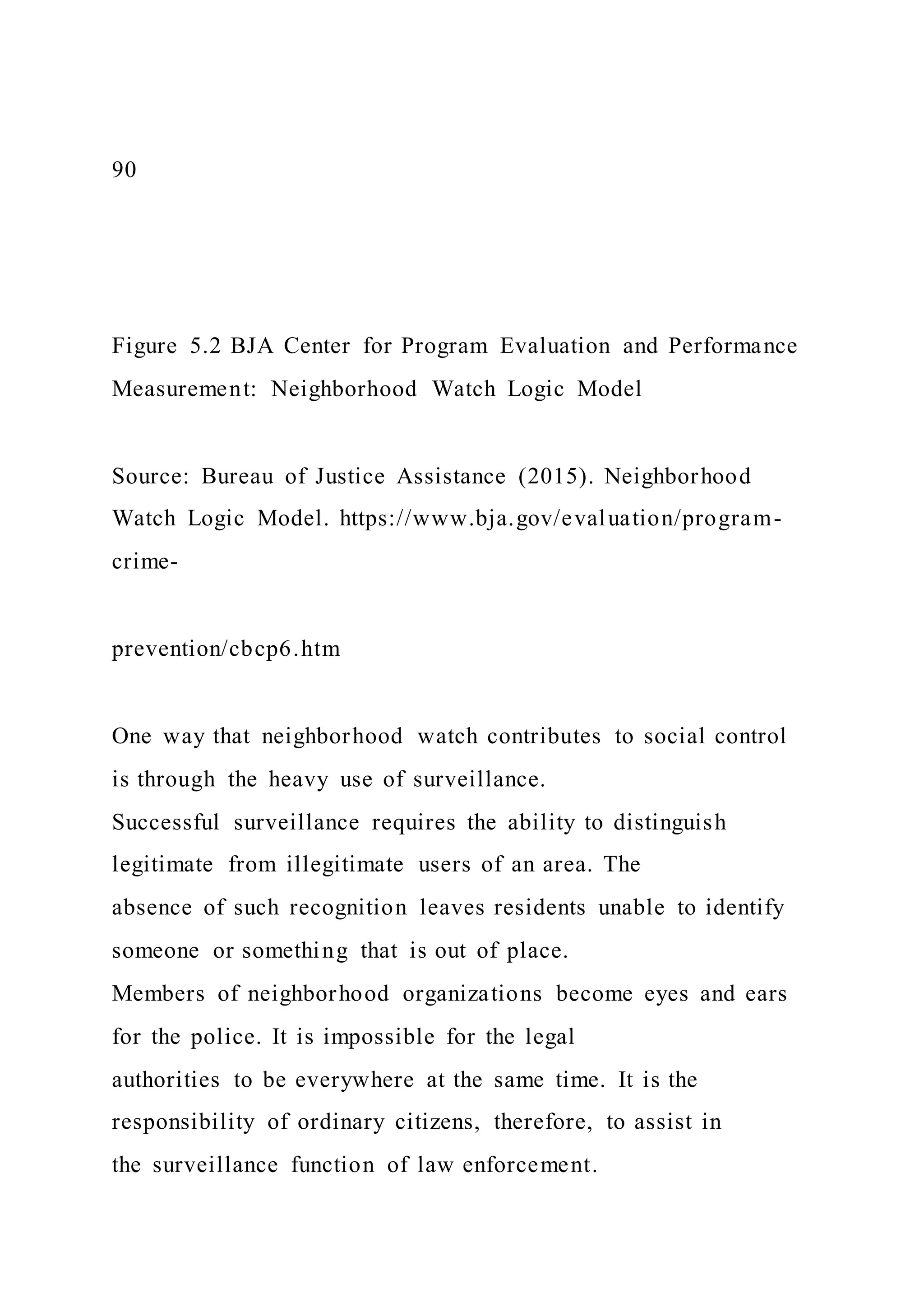 90
Figure 5.2 BJA Center for Program Evaluation and Performance
Measurement: Neighborhood Watch Logic Model
Source: Bureau of Justice Assistance (2015). Neighborhood
Watch Logic Model. https://www.bja.gov/evaluation/program-
crime-
prevention/cbcp6.htm
One way that neighborhood watch contributes to social control
is through the heavy use of surveillance.
Successful surveillance requires the ability to distinguish
legitimate from illegitimate users of an area. The
absence of such recognition leaves residents unable to identify
someone or something that is out of place.
Members of neighborhood organizations become eyes and ears
for the police. It is impossible for the legal
authorities to be everywhere at the same time. It is the
responsibility of ordinary citizens, therefore, to assist in
the surveillance function of law enforcement.
 