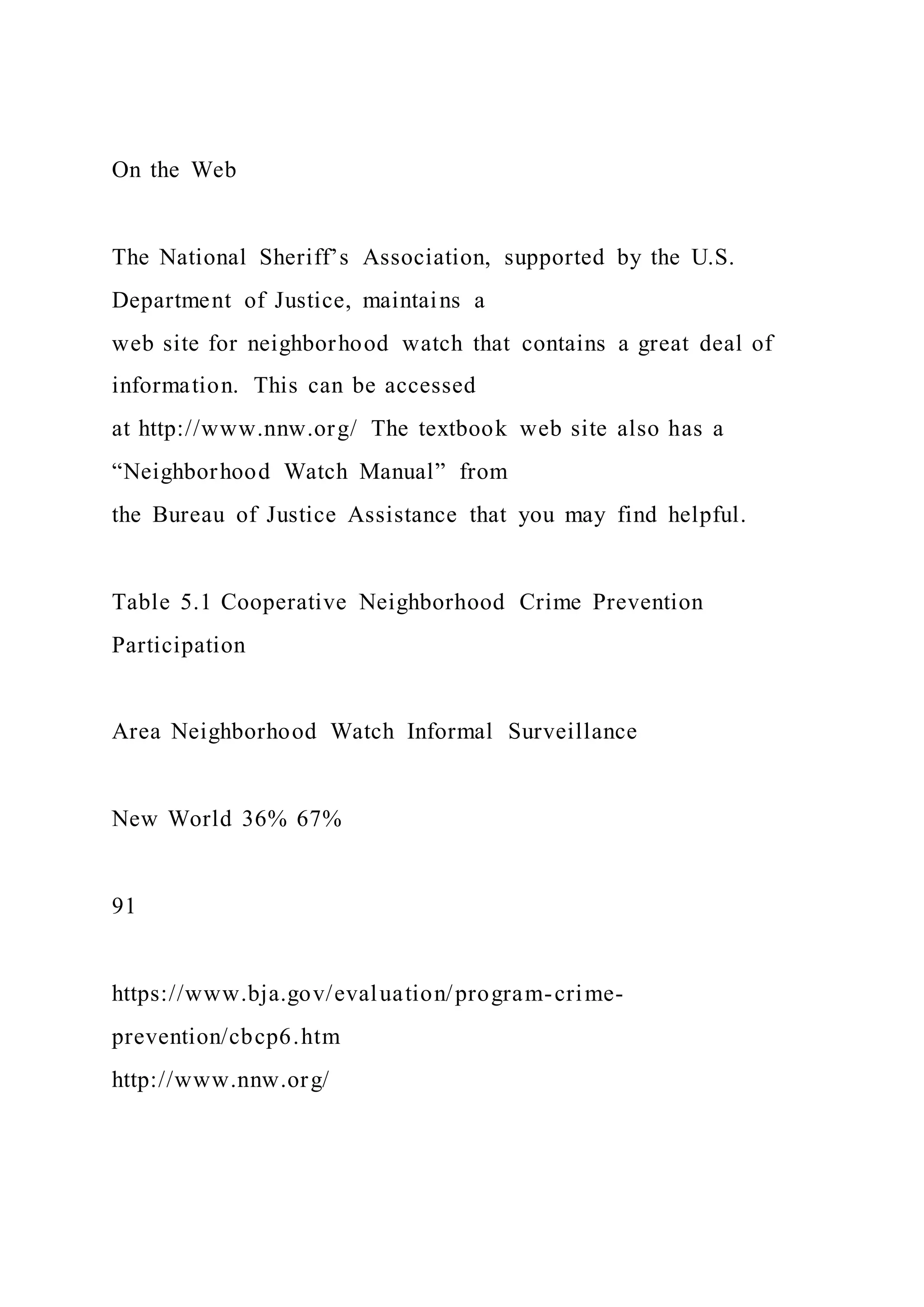 On the Web
The National Sheriff’s Association, supported by the U.S.
Department of Justice, maintains a
web site for neighborhood watch that contains a great deal of
information. This can be accessed
at http://www.nnw.org/ The textbook web site also has a
“Neighborhood Watch Manual” from
the Bureau of Justice Assistance that you may find helpful.
Table 5.1 Cooperative Neighborhood Crime Prevention
Participation
Area Neighborhood Watch Informal Surveillance
New World 36% 67%
91
https://www.bja.gov/evaluation/program-crime-
prevention/cbcp6.htm
http://www.nnw.org/
 