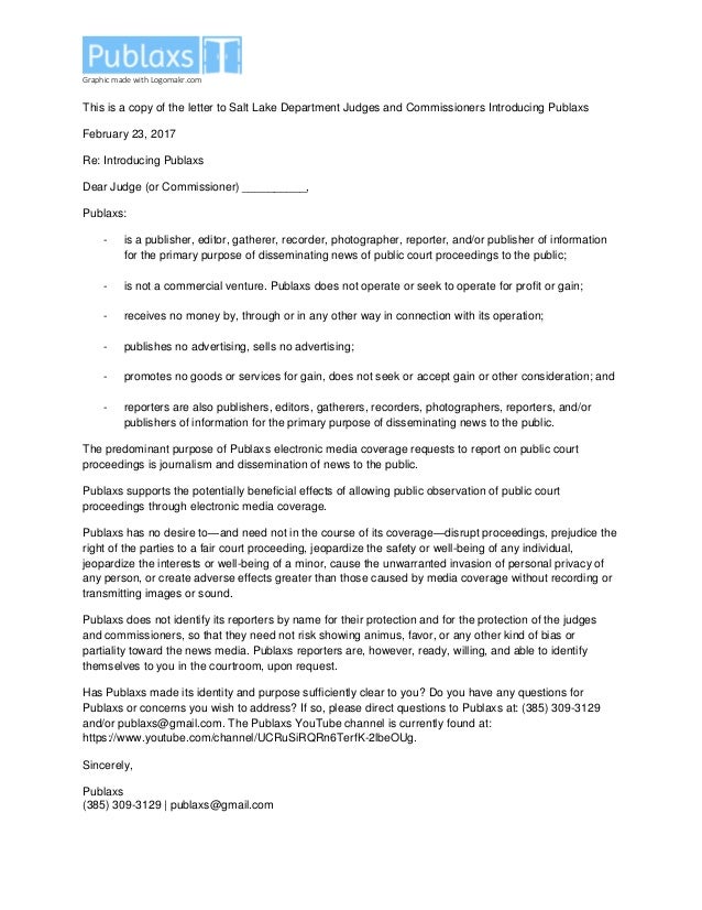 This Is A Copy Of The Letter To Salt Lake Department Judges And Commi Letter To Salt Lake Department Judges