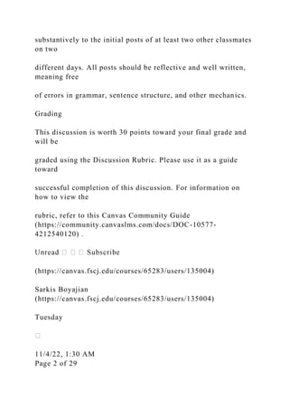 substantively to the initial posts of at least two other classmates
on two
different days. All posts should be reflective and well written,
meaning free
of errors in grammar, sentence structure, and other mechanics.
Grading
This discussion is worth 30 points toward your final grade and
will be
graded using the Discussion Rubric. Please use it as a guide
toward
successful completion of this discussion. For information on
how to view the
rubric, refer to this Canvas Community Guide
(https://community.canvaslms.com/docs/DOC-10577-
4212540120) .
(https://canvas.fscj.edu/courses/65283/users/135004)
Sarkis Boyajian
(https://canvas.fscj.edu/courses/65283/users/135004)
Tuesday
11/4/22, 1:30 AM
Page 2 of 29
 