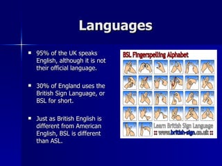 Languages  95% of the UK speaks English, although it is not their official language. 30% of England uses the British Sign Language, or BSL for short. Just as British English is different from American English, BSL is different than ASL. 