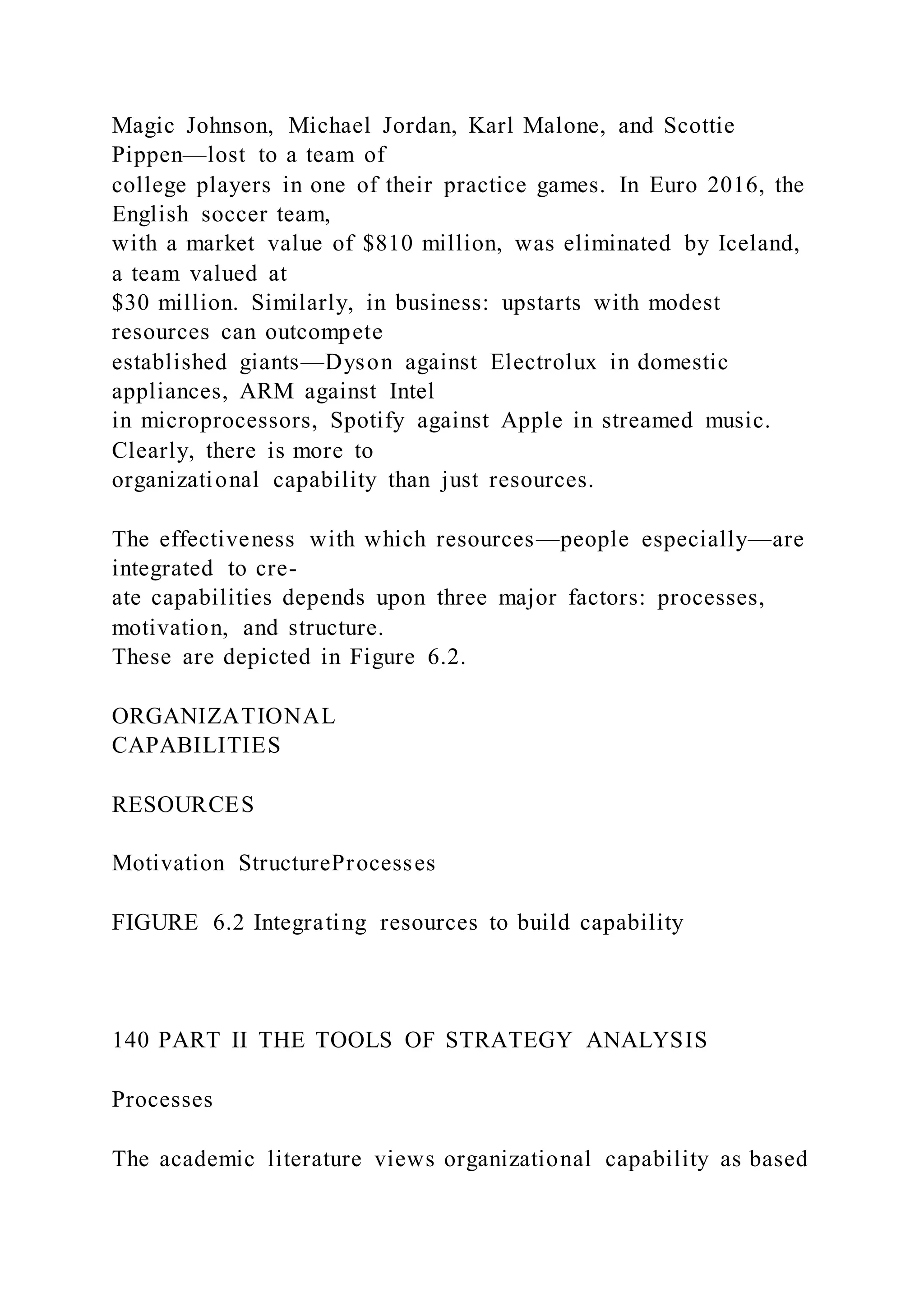 Magic Johnson, Michael Jordan, Karl Malone, and Scottie
Pippen—lost to a team of
college players in one of their practice games. In Euro 2016, the
English soccer team,
with a market value of $810 million, was eliminated by Iceland,
a team valued at
$30 million. Similarly, in business: upstarts with modest
resources can outcompete
established giants—Dyson against Electrolux in domestic
appliances, ARM against Intel
in microprocessors, Spotify against Apple in streamed music.
Clearly, there is more to
organizational capability than just resources.
The effectiveness with which resources—people especially—are
integrated to cre-
ate capabilities depends upon three major factors: processes,
motivation, and structure.
These are depicted in Figure 6.2.
ORGANIZATIONAL
CAPABILITIES
RESOURCES
Motivation StructureProcesses
FIGURE 6.2 Integrating resources to build capability
140 PART II THE TOOLS OF STRATEGY ANALYSIS
Processes
The academic literature views organizational capability as based
 