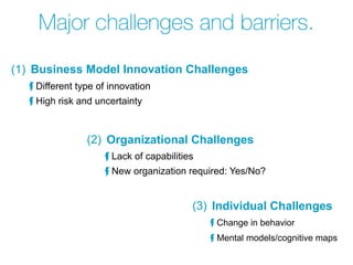 Major challenges and barriers.
(1) Business Model Innovation Challenges
Different type of innovation
High risk and uncertainty
(2) Organizational Challenges
Lack of capabilities
New organization required: Yes/No?
(3) Individual Challenges
Change in behavior
Mental models/cognitive maps
 