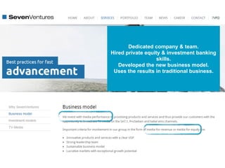 Dedicated company & team.
Hired private equity & investment banking
skills.
Developed the new business model.
Uses the results in traditional business.
 