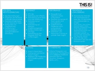 Rollen &
Rechteverwal
tung

 App Beschränkungen
 Eingrenzen der Rechte für
maximale Datensicherheit
 Restriktionsmöglichkeiten
für die Nutzung von Apps
 Konfiguration von
Freigaberechten
 Fernlöschung //
Zwangsupdates //
Zwangsinstallationen
(BasisApps)

Sicherheit

Performance

 API Calls
 Verbindung über VPN/SSL
 Authorisierung auf IP Basis
(und oder Geofencing)
 Authorisierung auf
Userbasis
 Authorisierung auf
Appbasis
(Zugriffsmanagement)
 Sandbox (Native App +
CAS App)
 Authentifizierung über
Mitarbeiter RFID Tag
(+PIN) möglich

 Requestlimit auf
App/Device Basis
konfigurierbar
 Requests aus fremden IP
Raum werden nicht
durchgelassen
 Skalierbarkeit der
Middleware durch
konfigurierbare
Replikationslogik
 Datenbank- und
Ressourcen-Caching an
zentraler Stelle möglich

Hosting

IT-Anbindung

 Server in Deutschland
 Hosting auch auf internen
Servern möglich
 Replikation der Middleware
auf N-Satellitensysteme
möglich

Tracking &
Lokalisierung

Einfache IT-Integration und
Anbindung an Fremdsysteme
durch intelligente Middleware
(openERP SAP MS
,
,
Dynamics, Sharepoint,
Agnitio, uvm.)

 Automatisches Anbinden
von Trackingservices in
jeder App, um Kennzahlen
zum Nutzerverhalten zu
erhalten:
Seiten abrufen, User countries,
Operating System, Screen
Resolution, Engagement (Time
on Site, Seiten pro Abruf,
Wiederkehrende Abrufe), Push
Kampagnen Tracking,
Individuelle Parameter, Top
Entry/Exit Seiten, Downloaded
Files, Besucher, Aktionen

 Jede CAS App kann
automatisch über das SDK
lokalisiert werden

19

 
