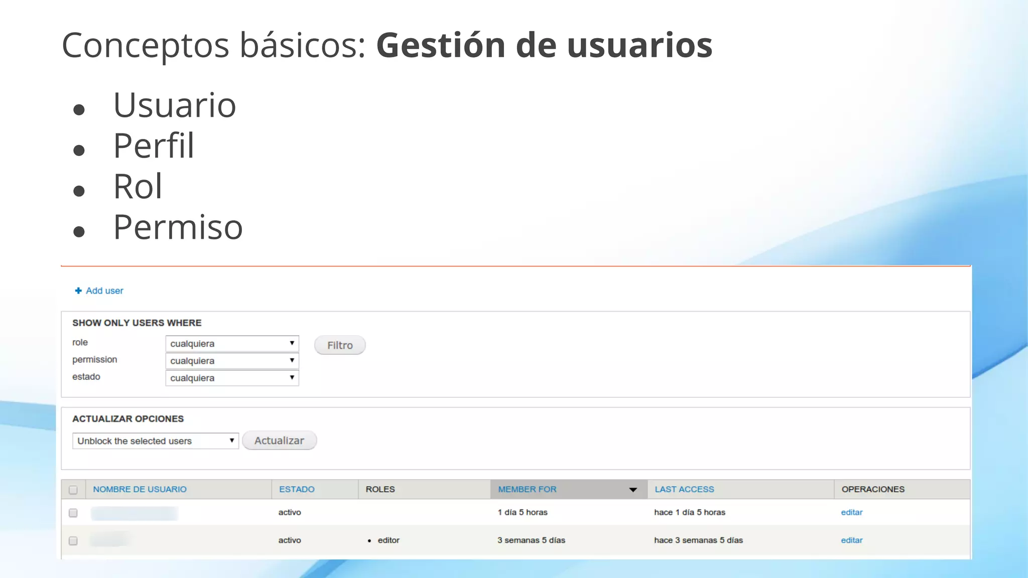 Conceptos básicos: Gestión de usuarios
● Usuario
● Perfil
● Rol
● Permiso
 