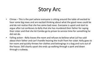 Story Arc
• Climax – This is the part where everyone is sitting around the table all excited to
hear some big news and are excited thinking about what the good news could be
and do not realise that she has some bad news. Everyone is upset and start to
argue after Lol confesses to Kelly that she has murdered their father for raping
their sister and that she let Combo go to prison to service time for something he
did not do.
• Falling action - Kelly leaves the room and refuses to believe what Lol has said
about their father and can’t handle hearing the truth from her sister. Kelly goes to
her room and quickly throws her clothes and belongings in a bag and runs out of
the house. Still clearly upset she ends up walking through a park and down
through a subway.
 