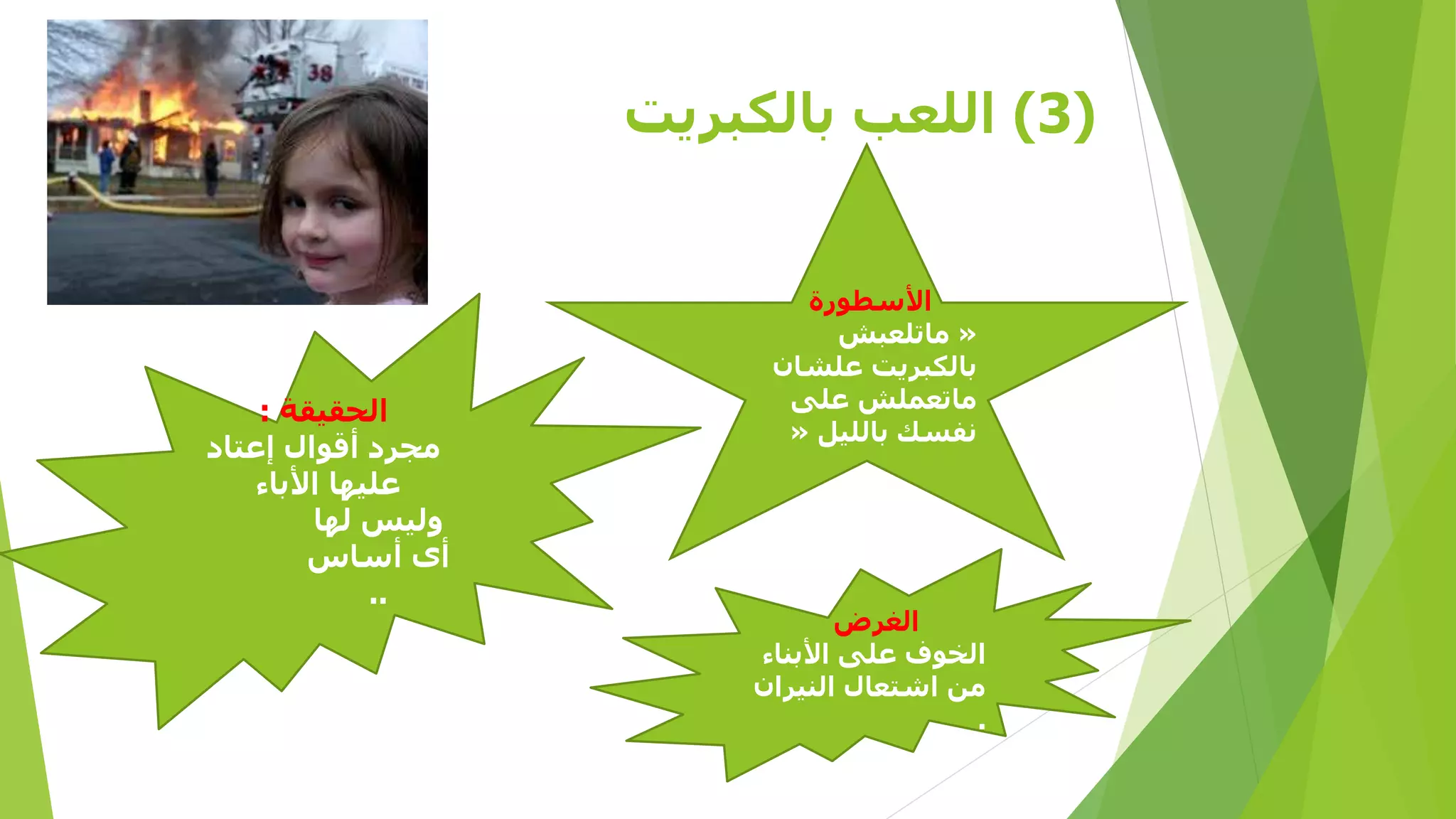 ‫(3) اللعب بالكبريت‬

‫األسطورة‬
‫« ماتلعبش‬
‫بالكبريت علشان‬
‫ماتعملش على‬
‫نفسك بالليل «‬

‫الغرض‬
‫الخوف على األبناء‬
‫من اشتعال النيران‬
‫.‬

‫الحقيقة :‬
‫مجرد أقوال إعتاد‬
‫عليها األباء‬
‫وليس لها‬
‫أى أساس‬
‫..‬

 