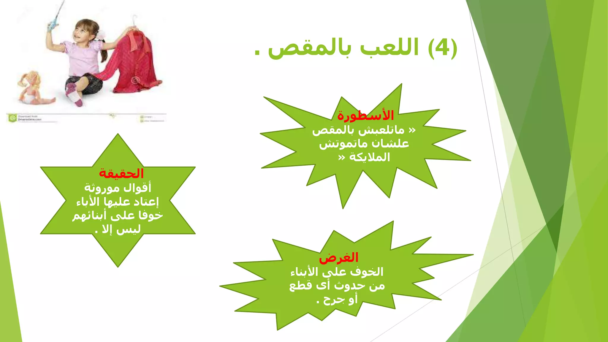 ‫)4( اللعب بالمقص .‬
‫األسطورة‬

‫« ماتلعبش بالمقص‬
‫علشان ماتموتش‬
‫الماليكة «‬

‫الحقيقة‬

‫أقوال موروثة‬
‫إعتاد عليها األباء‬
‫خوفا على أبنائهم‬
‫ليس إال .‬

‫الغرض‬

‫الخوف على األبناء‬
‫من حدوث أى قطع‬
‫أو جرح .‬

 