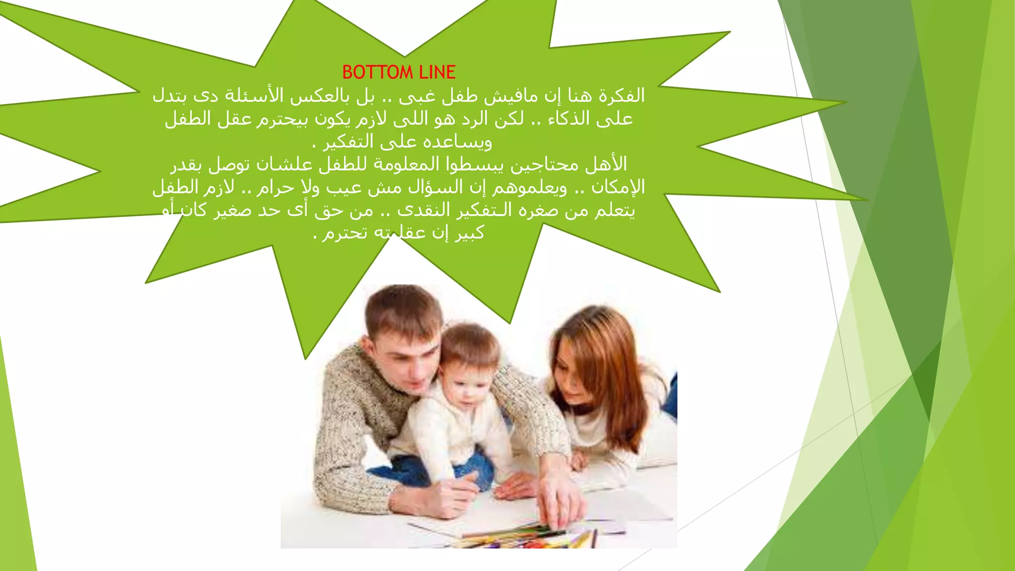 ‫‪BOTTOM LINE‬‬
‫الفكر هنا إن مافيش طفل غبى .. بل بالعكس األسئلة دى بتبل‬
‫على اللكا .. لكن الرد هو اللى الزم يكون بيحترم عقل الطفل‬
‫ويساعبي على التفكير .‬
‫األهل محتاجين يبسطوا المعلومة للطفل علشان توصل بقبر‬
‫اإلمكان .. ويعلموهم إن الس ال مش عيب وال حرام .. الزم الطفل‬
‫يتعلم من صغري الحتفكير النقبى .. من حق أى حب صغير كان أو‬
‫كبير إن عقليته تحترم .‬

 