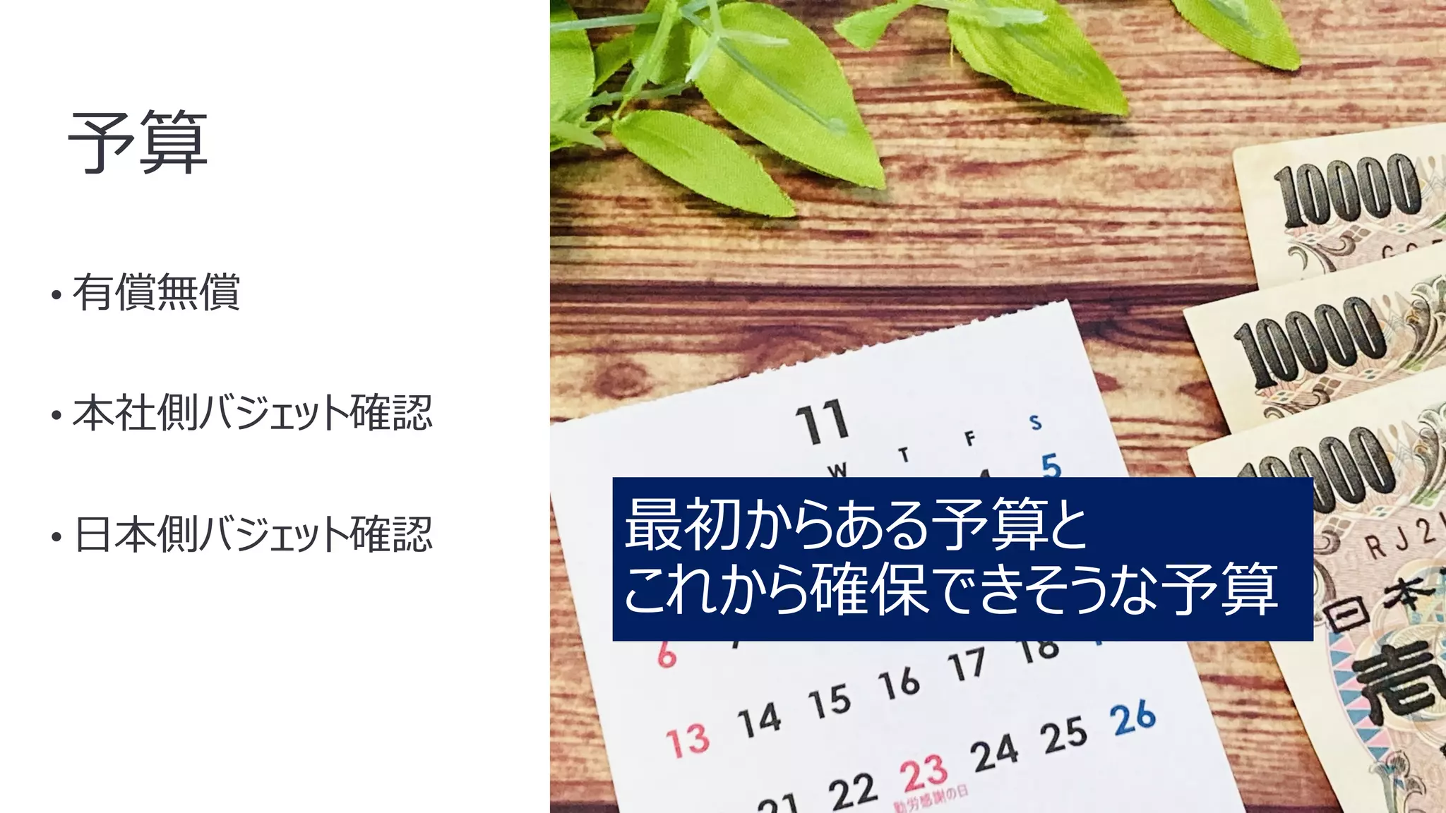 11
予算
• 有償無償
• 本社側バジェット確認
• ⽇本側バジェット確認 最初からある予算と
これから確保できそうな予算
 