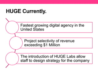HUGE Currently.
Fastest growing digital agency in the
United States
Project selectivity of revenue
exceeding $1 Million
The introduction of HUGE Labs allow
staff to design strategy for the company

 