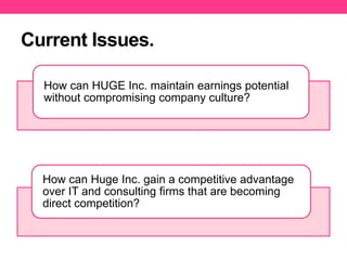 Current Issues.
How can HUGE Inc. maintain earnings potential
without compromising company culture?

How can Huge Inc. gain a competitive advantage
over IT and consulting firms that are becoming
direct competition?

 