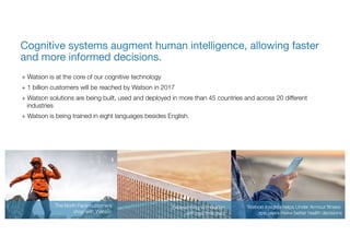 Cognitive systems augment human intelligence, allowing faster
and more informed decisions.
+ Watson is at the core of our cognitive technology
+ 1 billion customers will be reached by Watson in 2017
+ Watson solutions are being built, used and deployed in more than 45 countries and across 20 different
industries
+ Watson is being trained in eight languages besides English.
The North Face customers
shop with Watson
Experiencing Wimbledon
with real time data
Watson Insights helps Under Armour fitness
app users make better health decisions
 