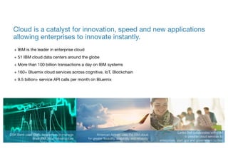 6
Cloud is a catalyst for innovation, speed and new applications
allowing enterprises to innovate instantly.
+ IBM is the leader in enterprise cloud
+ 51 IBM cloud data centers around the globe
+ More than 100 billion transactions a day on IBM systems
+ 160+ Bluemix cloud services across cognitive, IoT, Blockchain
+ 9.5 billion+ service API calls per month on Bluemix
Watson Insights helps Under Armour
fitness app users
make better
health decisions
Lanka Bell collaborates with IBM
to provide cloud services to
enterprises, start ups and government bodies
American Airlines uses the IBM cloud
for greater flexibility, scalability and reliability
DSK Bank uses IBM’s datacenters to manage
their IBM cloud infrastructure
 