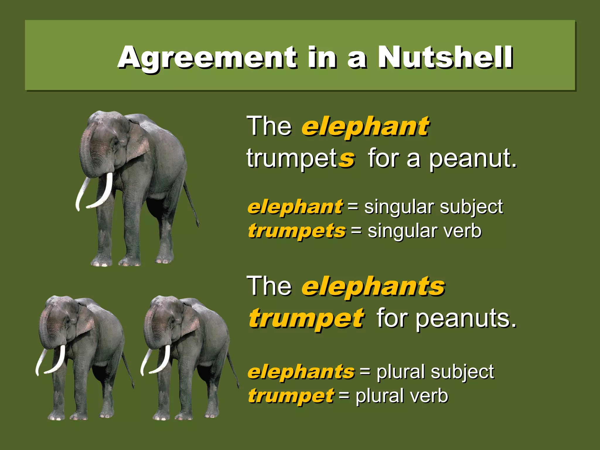 Agreement in a NutshellAgreement in a NutshellAgreement in a NutshellAgreement in a Nutshell
TheThe elephantelephant
trumpettrumpetss for a peanut.for a peanut.
TheThe elephantselephants
trumpettrumpet for peanuts.for peanuts.
elephantelephant = singular subject= singular subject
trumpetstrumpets = singular verb= singular verb
elephantselephants = plural subject= plural subject
trumpettrumpet = plural verb= plural verb
 