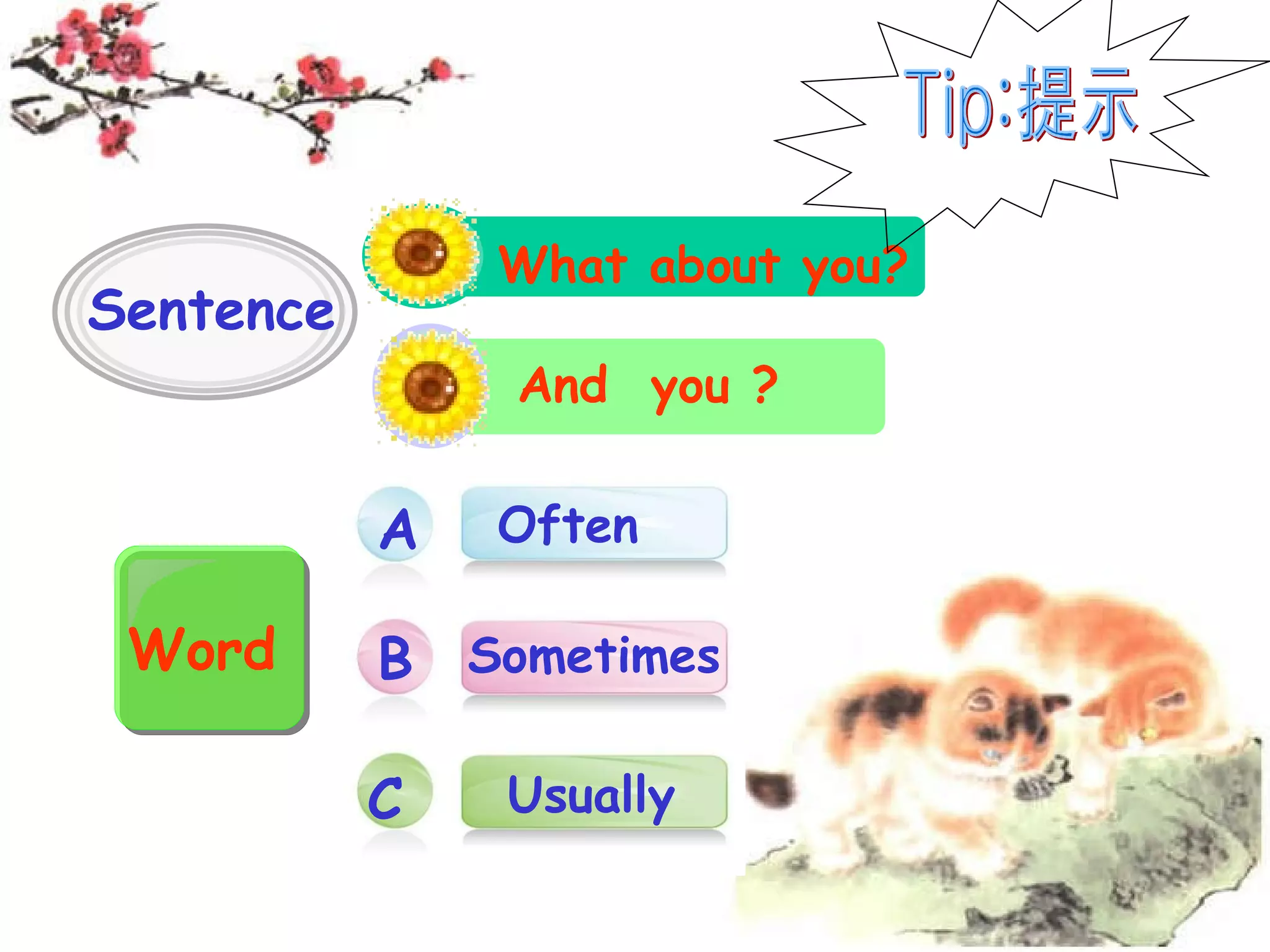 What about you? And you ? Word Sentence C B A Usually Sometimes Often Tip:提示