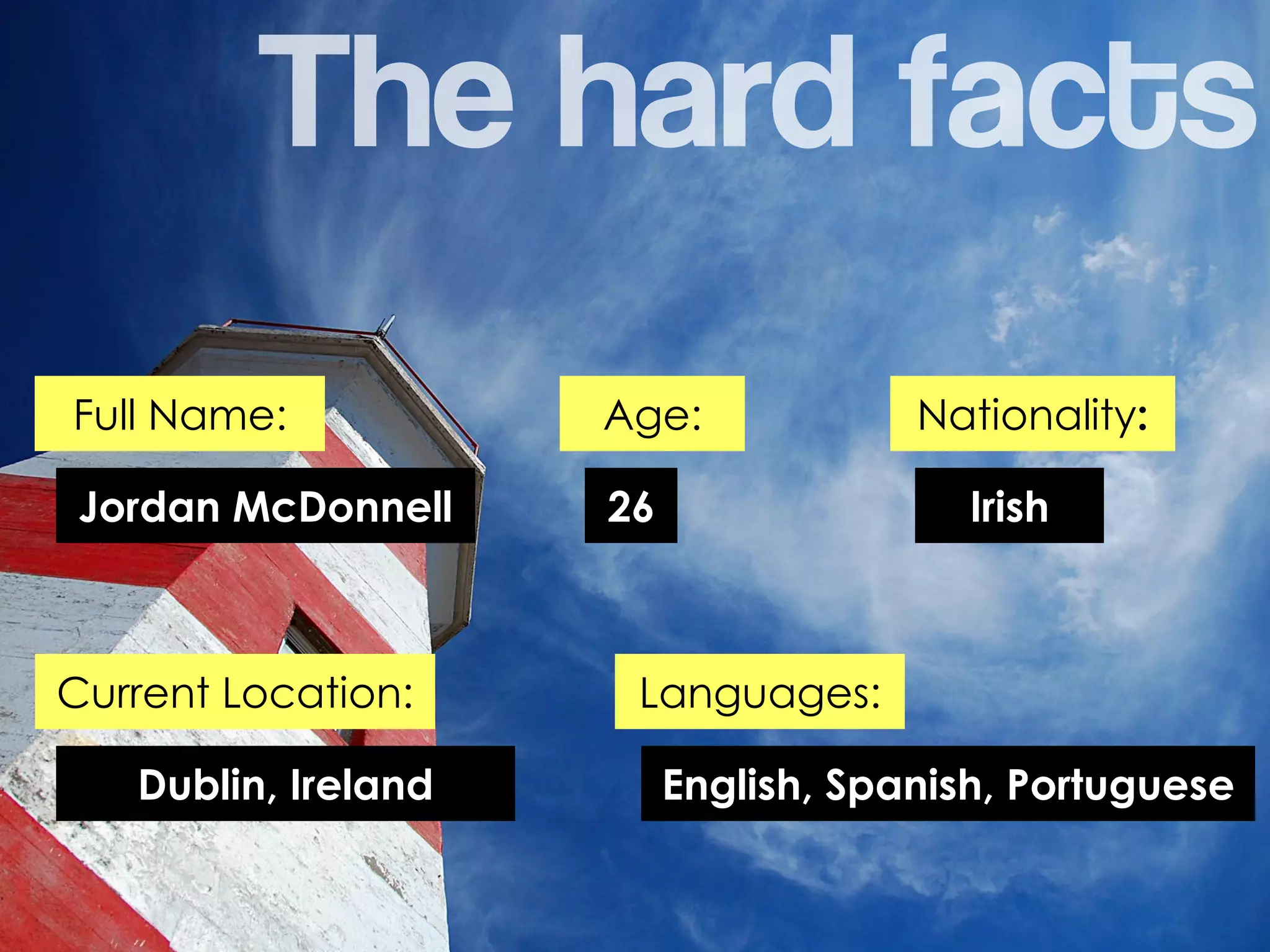 Full Name:           Age:             Nationality:

 Jordan McDonnell    26                  Irish



Current Location:     Languages:

   Dublin, Ireland        English, Spanish, Portuguese
 