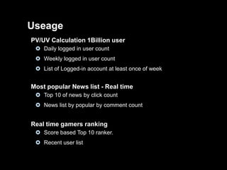 Useage
PV/UV Calculation 1Billion user
 Daily logged in user count
 Weekly logged in user count
 List of Logged-in account at least once of week

Most popular News list - Real time
 Top 10 of news by click count
 News list by popular by comment count

Real time gamers ranking
 Score based Top 10 ranker.

 Recent user list

 