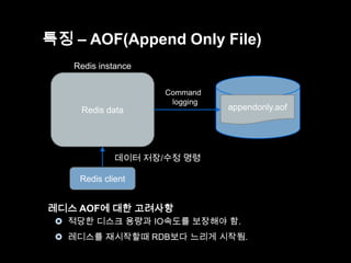 특징 – AOF(Append Only File)
Redis instance
Command
logging

Redis data

appendonly.aof

데이터 저장/수정 명령
Redis client

레디스 AOF에 대한 고려사항
 적당한 디스크 용량과 IO속도를 보장해야 함.
 레디스를 재시작할때 RDB보다 느리게 시작됨.

 