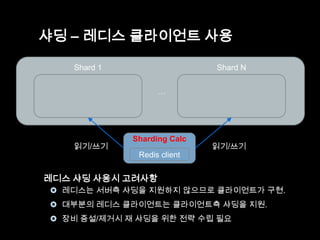 샤딩 – 레디스 클라이언트 사용
Shard 1

Shard N
…

읽기/쓰기

Sharding Calc

읽기/쓰기

Redis client

레디스 샤딩 사용시 고려사항
 레디스는 서버측 샤딩을 지원하지 않으므로 클라이언트가 구현.
 대부분의 레디스 클라이언트는 클라이언트측 샤딩을 지원.
 장비 증설/제거시 재 샤딩을 위한 전략 수립 필요

 
