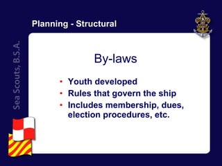 Planning - Structural Youth developed Rules that govern the ship Includes membership, dues, election procedures, etc. By-laws 