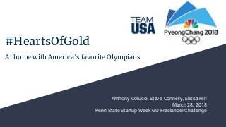 #HeartsOfGold
At home with America’s favorite Olympians
Anthony Colucci, Steve Connelly, Elissa Hill
March 28, 2018
Penn State Startup Week GO Freelance! Challenge
 