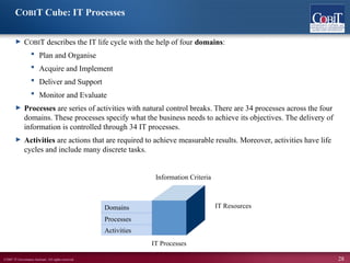 ©2007 IT Governance Institute. All rights reserved. 28
COBIT Cube: IT Processes
► COBIT describes the IT life cycle with the help of four domains:
 Plan and Organise
 Acquire and Implement
 Deliver and Support
 Monitor and Evaluate
► Processes are series of activities with natural control breaks. There are 34 processes across the four
domains. These processes specify what the business needs to achieve its objectives. The delivery of
information is controlled through 34 IT processes.
► Activities are actions that are required to achieve measurable results. Moreover, activities have life
cycles and include many discrete tasks.
Processes
Activities
Domains IT Resources
Information Criteria
IT Processes
 