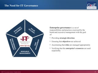 ©2007 IT Governance Institute. All rights reserved. 3
Enterprise governance is a set of
responsibilities and practices exercised by the
board and executive management with the goal
of:
• Providing strategic direction
• Ensuring that objectives are achieved
• Ascertaining that risks are managed appropriately
• Verifying that the enterprise’s resources are used
responsibly
The Need for IT Governance
P
E
R
F
O
R
M
A
N
C
E
M
E
A
S
U
R
E
M
E
N
T
RESOURCE
MANAGEMENT
R
I
S
K
M
A
N
A
G
E
M
E
N
T
VALUE
DELIVERY
STRATEGIC
ALIGNM
ENT
www.itgi.org
www.itgi.org
 