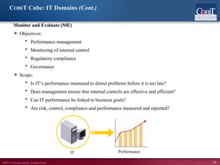 ©2007 IT Governance Institute. All rights reserved. 35
COBIT Cube: IT Domains (Cont.)
Monitor and Evaluate (ME)
► Objectives:
 Performance management
 Monitoring of internal control
 Regulatory compliance
 Governance
► Scope:
 Is IT’s performance measured to detect problems before it is too late?
 Does management ensure that internal controls are effective and efficient?
 Can IT performance be linked to business goals?
 Are risk, control, compliance and performance measured and reported?
IT Performance
 