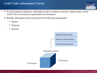 ©2007 IT Governance Institute. All rights reserved. 37
COBIT Cube: Information Criteria
► To satisfy business objectives, information needs to conform to specific control criteria, which
COBIT refers to as business requirements for information.
► Broadly, information criteria are based on the following requirements:
 Quality
 Fiduciary
 Security
Fiduciary Requirements
Security Requirements
Quality Requirements
Information Criteria
IT Resources
IT Processes
 