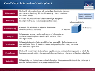 ©2007 IT Governance Institute. All rights reserved. 38
COBIT Cube: Information Criteria (Cont.)
Effectiveness
Deals with information being relevant and pertinent to the business
process as well as being delivered in a timely, correct, consistent
and usable manner
Efficiency
Concerns the provision of information through the optimal
(most productive and economical) use of resources
Confidentiality
Concerns the protection of sensitive information
from unauthorised disclosure
Integrity
Relates to the accuracy and completeness of information as
well as to its validity in accordance with business values
and expectations
Availability
Relates to information being available when required by the business process
now and in the future. It also concerns the safeguarding of necessary resources
and associated capabilities.
Compliance
Deals with complying with those laws, regulations and contractual arrangements to which the
business process is subject, i.e., externally imposed business criteria as well as internal policies
Reliability
Relates to the provision of appropriate information for management to operate the entity and to
exercise its fiduciary and governance responsibilities
Fiduciary Requirements
Security Requirements
Quality Requirements
Information Criteria
IT Resources
IT Processes
 