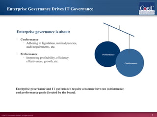 ©2007 IT Governance Institute. All rights reserved. 5
Enterprise governance is about:
 Conformance
• Adhering to legislation, internal policies,
audit requirements, etc.
 Performance
• Improving profitability, efficiency,
effectiveness, growth, etc.
Enterprise Governance Drives IT Governance
Enterprise governance and IT governance require a balance between conformance
and performance goals directed by the board.
Performance
Conformance
 