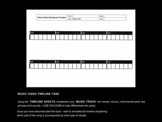 MUSIC VIDEO TIMELINE TASK 
Using the TIMELINE SHEETS, breakdown your MUSIC TRACK into verses, chorus, instrumental parts, key 
phrases and sounds - (USE COLOURS to help differentiate the parts). 
Once you have deconstructed the track - start to annotate the timeline explaining 
which part of the song is accompanied by what type of visuals. 
 