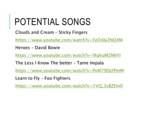 POTENTIAL SONGS
Clouds and Cream – Sticky Fingers
https://www.youtube.com/watch?v=FeO4Jy2NQ4M
Heroes – David Bowie
https://www.youtube.com/watch?v=lXgkuM2NhYI
The Less I Know The better – Tame Impala
https://www.youtube.com/watch?v=PvM79DJ2PmM
Learn to Fly – Foo Fighters
https://www.youtube.com/watch?v=1VQ_3sBZEm0
 