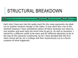 STRUCTURAL BREAKDOWN
Each slice I have put into the audio track for the song represents my ideal
cut to another location change in the video. It may seem like a lot at the
moment however I have somewhere where all these locations are close to
one another and wont take too much time to get to. As well as locations, I
intend for a different outfit to be worn and for different obstacles to be in
the way of the character continuing. So far I have decided that the first
shots (intro) will be set in college and then mysteriously cut to a forest
unaware of what happened…
 