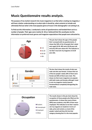 Louis Rutter




Music Questionnaire results analysis.
The purpose of my market research into music magazines is so that when creating my magazine, I
will have a better understanding as to what style it should be, what contents to include and
ultimately find out what is the most popular genre of music in the demographic I am aiming it at.

To find out this information, I conducted a series of questionnaires and handed them out to a
number of people. Their ages were mainly 16 -20 as I believed that this would give me the
information on preferred music genres and magazine expectations that people were attracted to.


                                                                 This pie chart shows the ages of the people
                                    Age                          that I surveyed with my questionnaires. It
                                                                 shows that 50% of the 10 people that I asked
                           10% 0%
                                                                 were aged 16-20. 40% were 20-30 years old
                                                         -16     and only 10% were above 40. This indicates to
                                                         16-20   me that I must aim my magazine at 16-20
                                      50%                        year olds.
                        40%                              20-30
                                                         40+




                                                                 The bar chart shows the results of who was
                                Gender                           male and who was female. It shows that out
                    8                                            of the ten people I asked, 60% of them were
 Axis Title




                    6                                            female and 40% of them were male. This
                    4
                    2                                            shows me that music magazines are popular
                    0
                                       Geneder                   with both males and females although I need
                                                                 to aim my magazine mainly towards
              Male                          4
                                                                 femaleswithout completely disregarding the
              Female                        6                    male taste.




                                                                 The results shown in this pie chart show the
                           Occupation                            occupation of those people who filled out the
                           0%                                    questionnaire. It shows that most of them
                                                                 (60%) were students; only 30% of them were
                                                 Student         employed. This indicates to me that I need to
                     30%                                         aim my magazine at students in terms of
                                                 Unemployed
                                                                 style, price and content, as most of the
                                60%              Employed
                                                                 people I asked said they fell into that
                                                 Other           category showing that it is the most popular.
              10%
 
