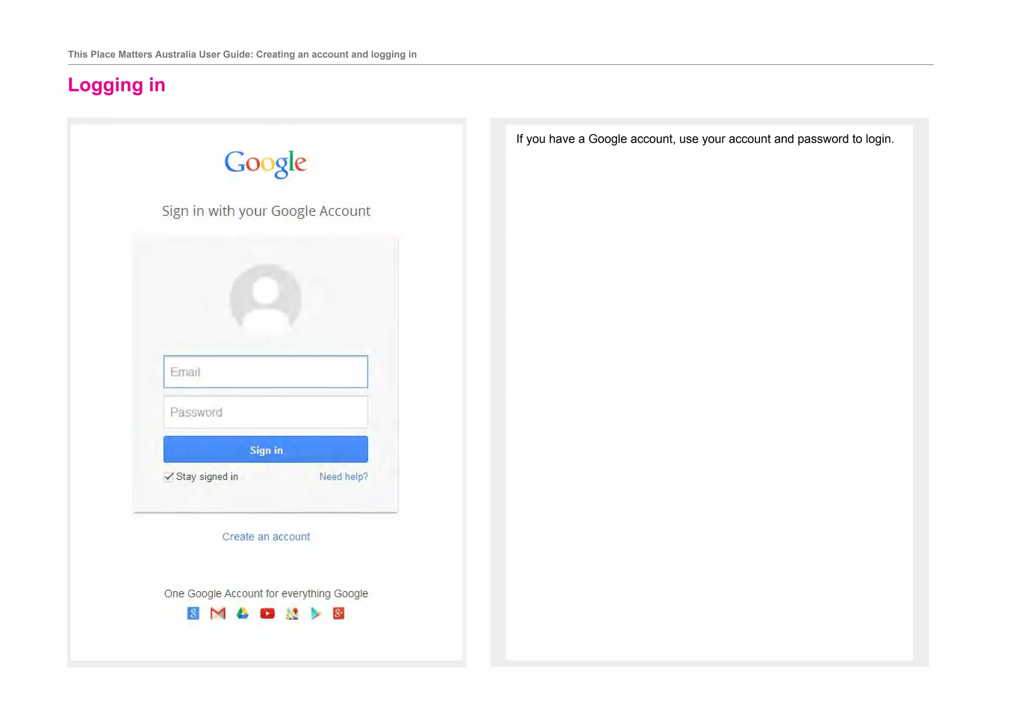Logging in
		
If you have a Google account, use your account and password to login.
This Place Matters Australia User Guide: Creating an account and logging in
 