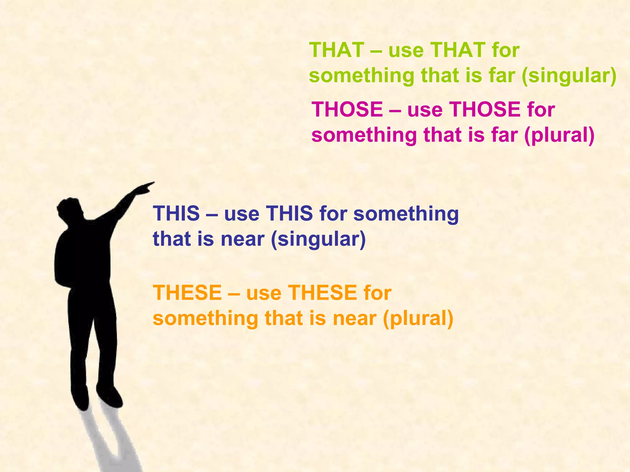 THESE – use THESE for something that is near (plural) THOSE – use THOSE for something that is far (plural) THIS – use THIS for something that is near (singular) THAT – use THAT for something that is far (singular)