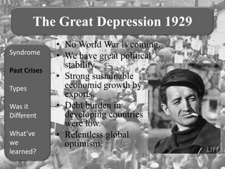 The Great Depression 1929
              • No World War is coming.
Syndrome
              • We have great political
                stability.
Past Crises
              • Strong sustainable
Types           economic growth by
                exports.
Was it        • Debt burden in
Different       developing countries
                were low.
What’ve       • Relentless global
we              optimism.
learned?
 