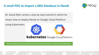 A small POC to import a JIRA Database in Neo4J
medium.com/@david.allen_3172/running-neo4j-with-hosted-kubernetes-in-google-cloud-b479e87b74c0
M. David Allen wrote a step by step tutorial in which he
shows how to deploy Neo4j on Google Cloud Platform
using Kubernetes.
 