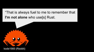 kode1985 (Reddit)
“That is always fuel to me to remember that
I'm not alone who use[s] Rust.
 
