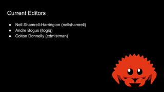 Current Editors
● Nell Shamrell-Harrington (nellshamrell)
● Andre Bogus (llogiq)
● Colton Donnelly (cdmistman)
 