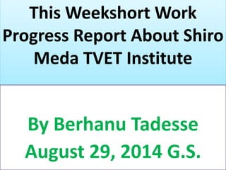 This Weekshort Work 
Progress Report About Shiro 
Meda TVET Institute 
By Berhanu Tadesse 
August 29, 2014 G.S. 
 
