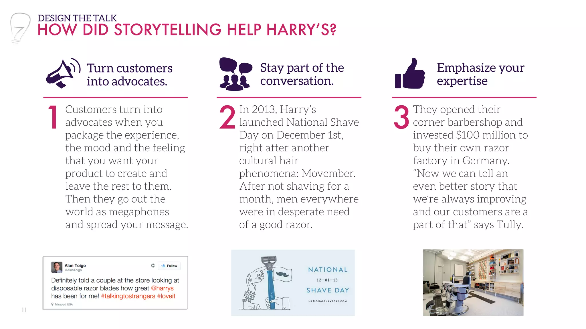 1
Turn customers
into advocates.
HOW DID STORYTELLING HELP HARRY’S?
DESIGN THE TALK
Customers turn into
advocates when you
package the experience,
the mood and the feeling
that you want your
product to create and
leave the rest to them.
Then they go out the
world as megaphones
and spread your message.
2
Stay part of the
conversation.
3
In 2013, Harry’s
launched National Shave
Day on December 1st,
right after another
cultural hair
phenomena: Movember.
After not shaving for a
month, men everywhere
were in desperate need
of a good razor.
They opened their
corner barbershop and
invested $100 million to
buy their own razor
factory in Germany.
“Now we can tell an
even better story that
we’re always improving
and our customers are a
part of that” says Tully.
Emphasize your
expertise
11
 