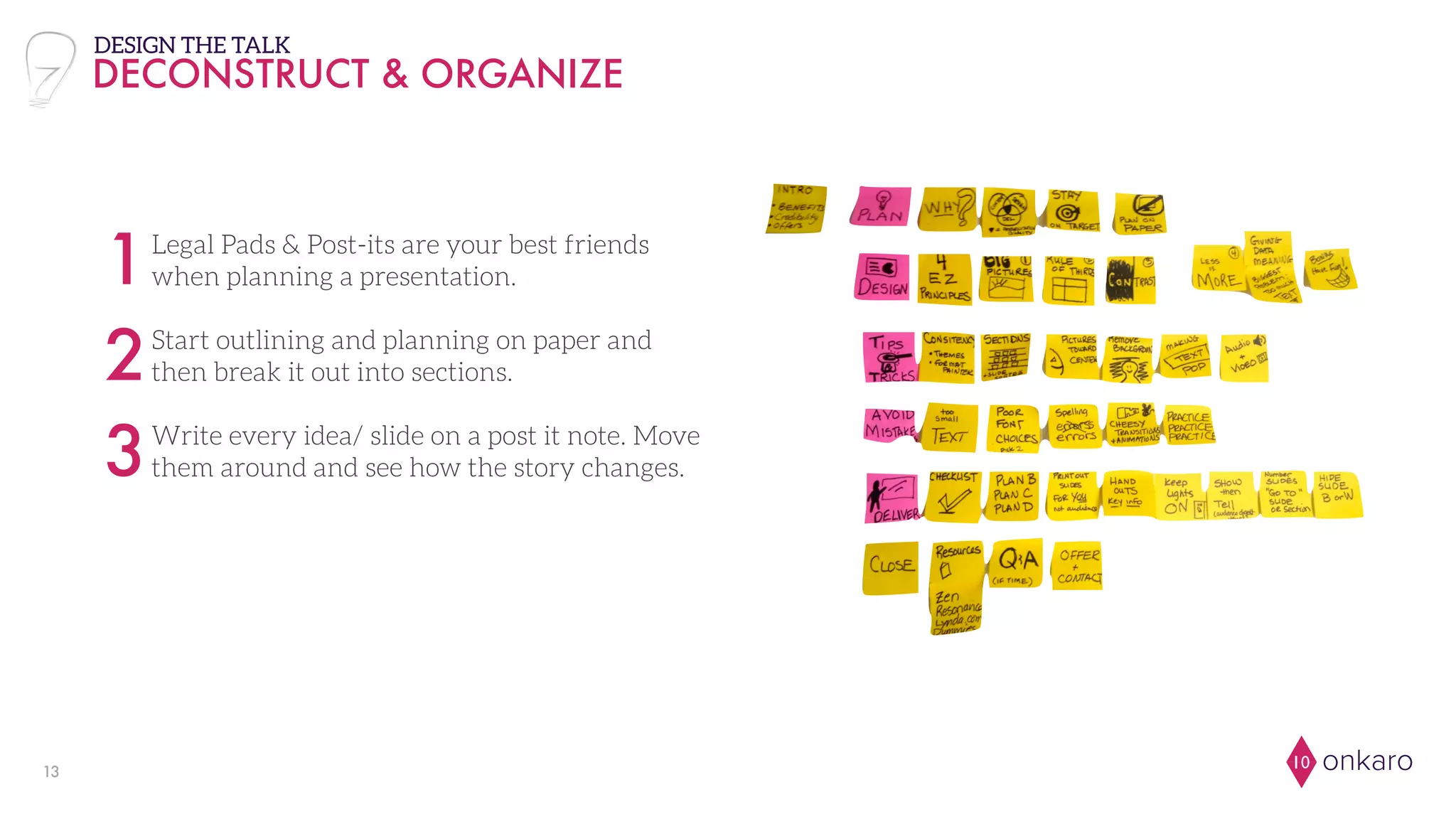 onkaro1013
DECONSTRUCT & ORGANIZE
DESIGN THE TALK
Legal Pads & Post-its are your best friends
when planning a presentation.
Start outlining and planning on paper and
then break it out into sections.
Write every idea/ slide on a post it note. Move
them around and see how the story changes.
1
2
3
 